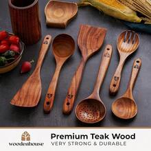 Wooden Utensil Set 8 Pcs – Sturdy & Easy To Clean, Natural Teak Wooden Spoons For CooFKing – Non-Scratch CooFKing Utensils With Spatula, Turner, Ladle, Spoons, Holder, Spoon Rest, 6 Hooks Kitchen Gifts - 8件套 - 查看 3