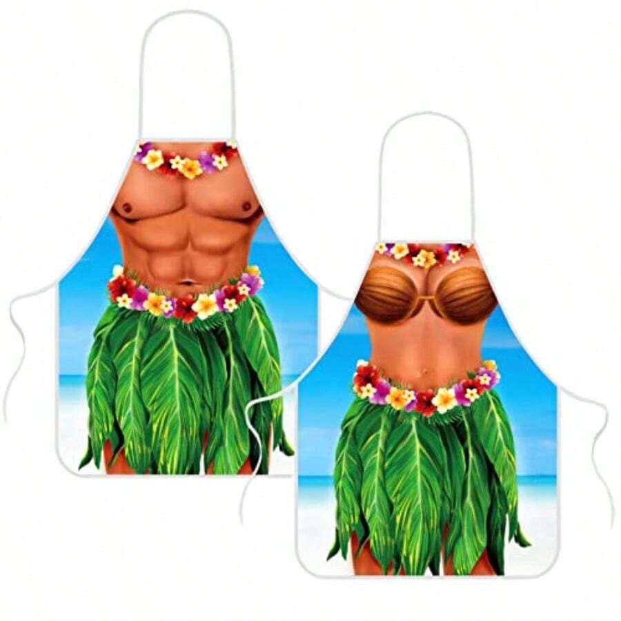 Hillban - Juego de 2 delantales divertidos de cocina creativa con lazos ajustables en la cintura delantales para fiestas y hombres y mujeres - Tema Hula - Ver 1