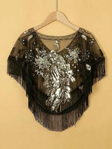 女士亮片披肩背心，绣有孔雀图案，带流苏，一件装。 - 彩色 - 查看 1
