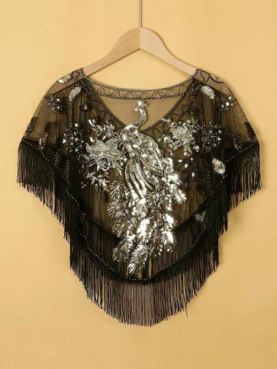 女士亮片披肩背心，绣有孔雀图案，带流苏，一件装。