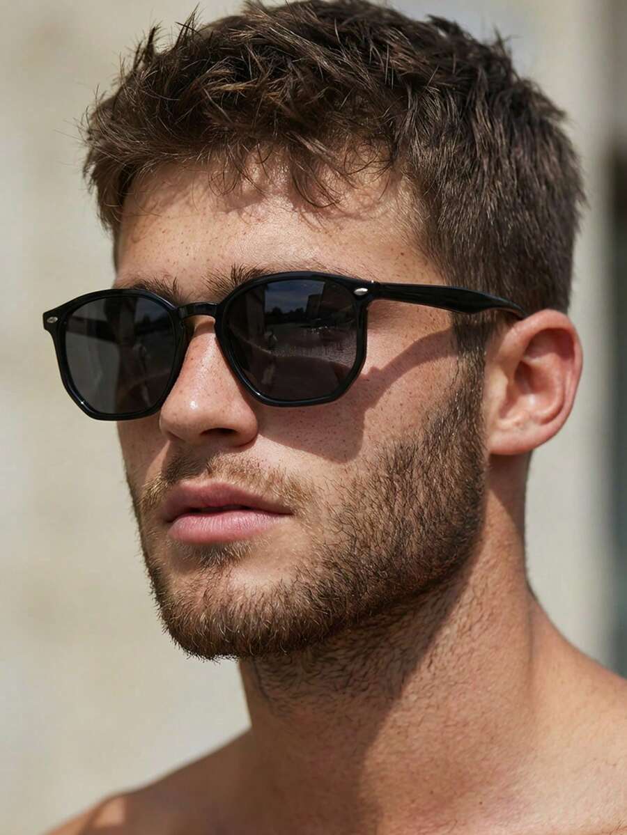 1 Pair Men's Black Round PC Frame Fashion Glasses, Minimalist Solid Color, Fashionable For Casual, Street Style, Vacation - Glossy Black - View 1