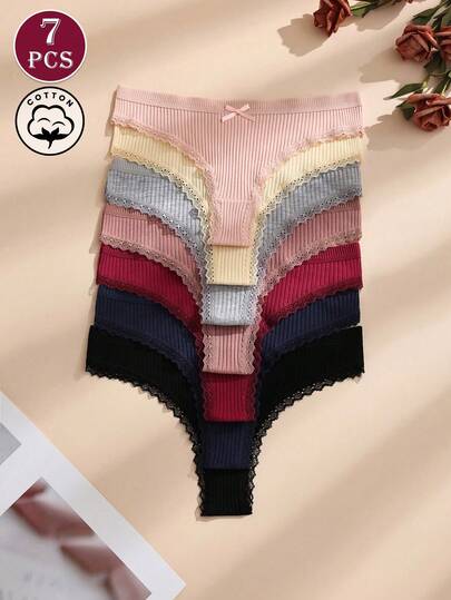 Set de 7 bragas tipo tanga para mujer, de unicolor, con parches de encaje y elástico cómodo y sin costuras