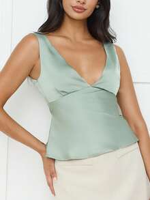 Womens Satin Tank Tops  Sleeveless Deep V Neck Solid Color Tops Slim Fit Shirts - Light Green - View 4