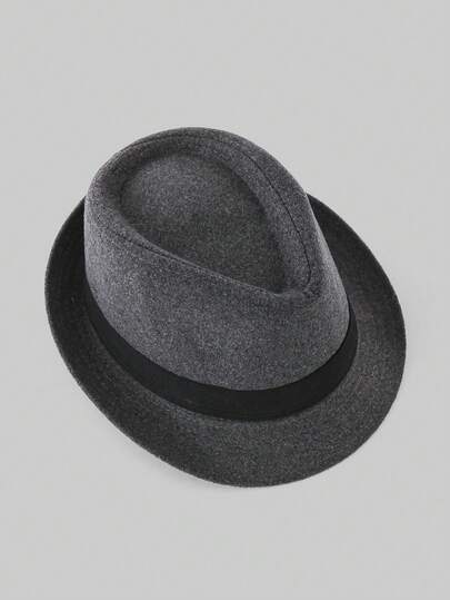 1顶纯色波西米亚风休闲复古涤纶缎带装饰毡帽，软帽，英伦风圆顶礼帽，秋冬季男士通勤时尚之选