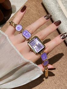 1pc Square White/Grey Bracelet Women's Quartz Watch Exquisite And Elegant Perfect For Daily Wear Birthday Gifts Parties Christmas - Purple - View 2