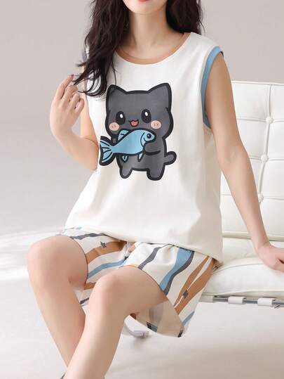 AICJ 2 Parça Kadın Günlük Kullanım İçin Çizgi Film Şanslı Kedi ve Balık Baskılı Yuvarlak Yaka Kolsuz Üst ve Şort Pijama Takımı, İlkbahar ve Yaz İçin Yumuşak ve Rahat