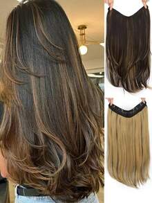 1pc U-Shaped Layered Curly Wig, Invisible Seamless Long Straight Hair Extension, Faux Leather Hairpiece - Multicolor - View 5