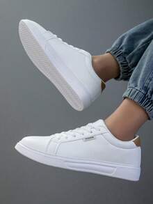 1. 男士复古休闲软底鞋，轻便系带圆头女士运动鞋，适合所有季节穿着，休闲鞋，运动鞋 - 白色 - 查看 3