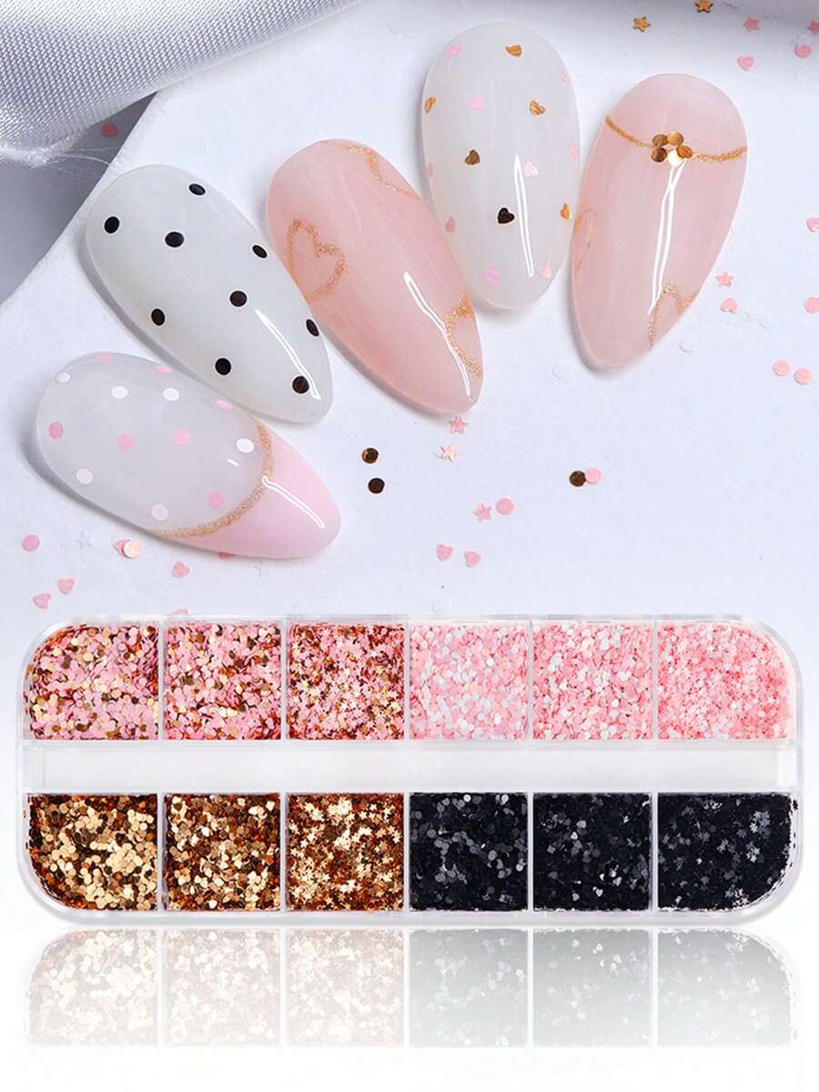 全息黑金粉美甲亮片 1mm 圆形心形星形亮片 日韩美甲 DIY 装饰 美甲用品 指甲