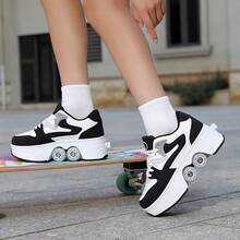 1双街头风四轮直排轮滑鞋，PU轮滑鞋，可伸缩系带轮滑鞋，适合青少年和成人 - 黑與白 - 查看 6