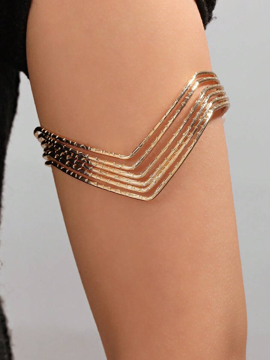 1pc Vintage French Minimalist Geometric Open Cuff Bracelet, Fashionable Multi-Layer Directional Arm Band - Gold - View 1