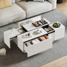 Modern White Square Coffee Table, Sofa Table In Patchwork Colors With High-Gloss Finish, 100 X 60 X 40 Cm – Living Room Table With Four Drawers, Sliding Tabletop, Load Capacity Up To 30 Kg - White - View 1