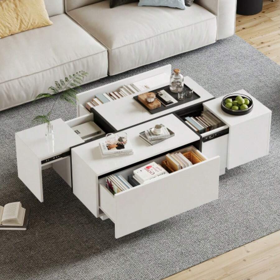 Modern White Square Coffee Table, Sofa Table In Patchwork Colors With High-Gloss Finish, 100 X 60 X 40 Cm – Living Room Table With Four Drawers, Sliding Tabletop, Load Capacity Up To 30 Kg - White - View 1