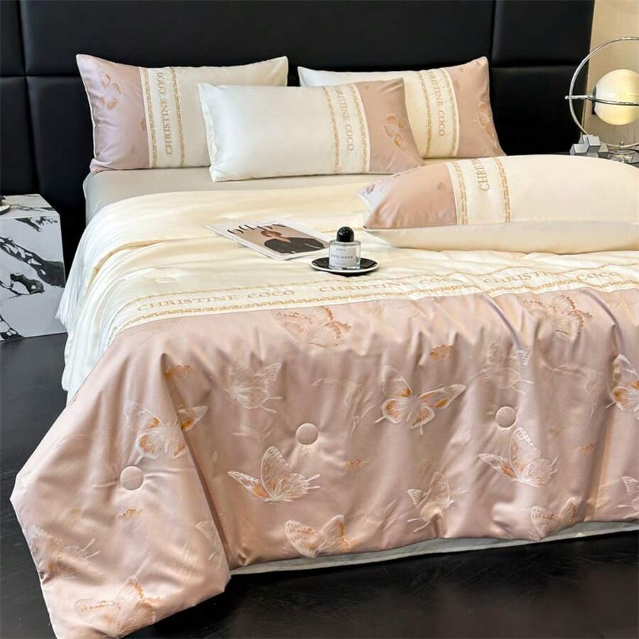 Juego de cama de verano de cuatro piezas de Tencel, manta fresca de seda de hielo, manta de aire acondicionado - Mariposa - Melocotón Blanco Energético - Ver 1