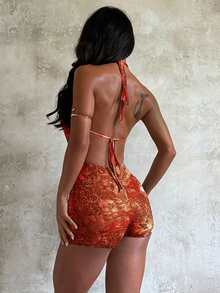 性感时尚印花镂空吊带紧身连体裤 - 橘色 - 查看 2