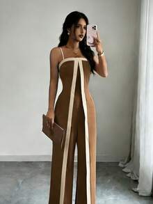 Women's Striped Jumpsuit, Elegant And High Quality, High Waist, Loose Fit, Stylish And Casual. H-14 - 駝色 - 查看 2