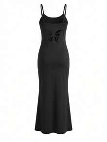 Butterfly Hollow Out Backless Camisole Dress, Slim Fit Waist Cinched Bodycon Dress For Women, Spring/Summer - Black - View 8