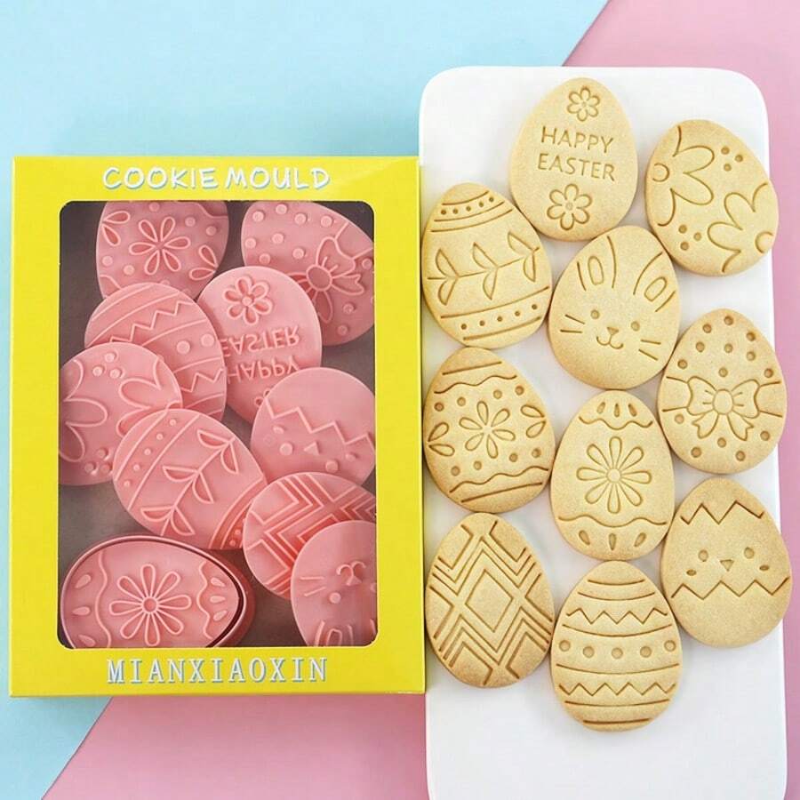 10pcs/Set Cartoon Easter Cookie Cutters, Easter Egg Shaped Biscuit Mold, Fondant Baking Tools - Pink - View 1
