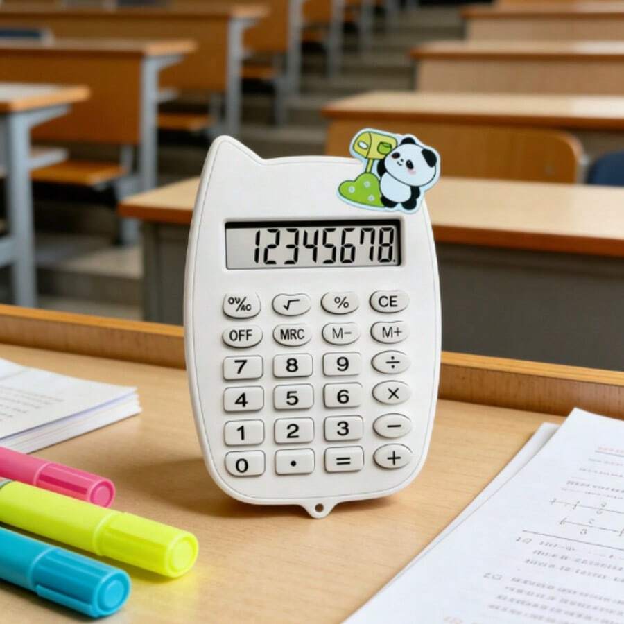 8-Digit LCD Display Cute Cat Ear Shaped Calculator - Basic Arithmetic, Percentage Calculation, Square Root, Memory Function (-), One-Key Reset, Auto Power Off, Battery Powered | Suitable For Students, Homework And Classroom Use - Batteries Not Included (Random Panda Sticker Accessories)