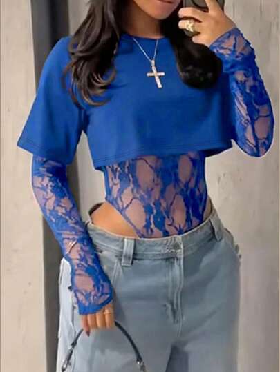 ملابس علوية قصيرة نسائية شفافة من الدانتيل ذات أكمام قصيرة، بدلة كاملة من الدانتيل ذات لون أحادي شفاف للارتداء اليومي، المواعدة، الحفلات الفردية، العروض المسرحية، الربيع/الصيف أنيقة