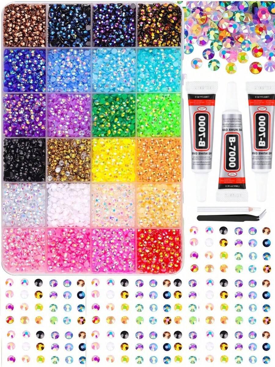 1 Box Random Mixed ABS Colorful Rhinestone Nail Art Decorations, Mini Round Flat Rhinestone Tweezers Pen Suitable For DIY Nail Art Accessories - Multicolor - View 1