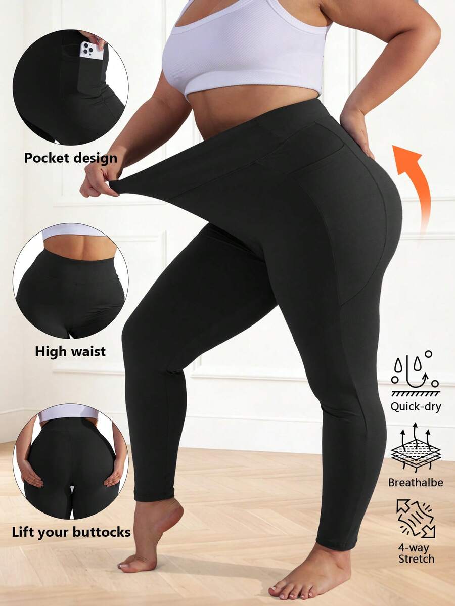 Plus Size High Waist Lift Butt Leggings With Pockets For Women Stretchy Yoga Pants Tummy Control High Elasticity Workout Leggings Suitable For Exercise, Cycling, Fitness Enthusiasts Spring - Black - View 1