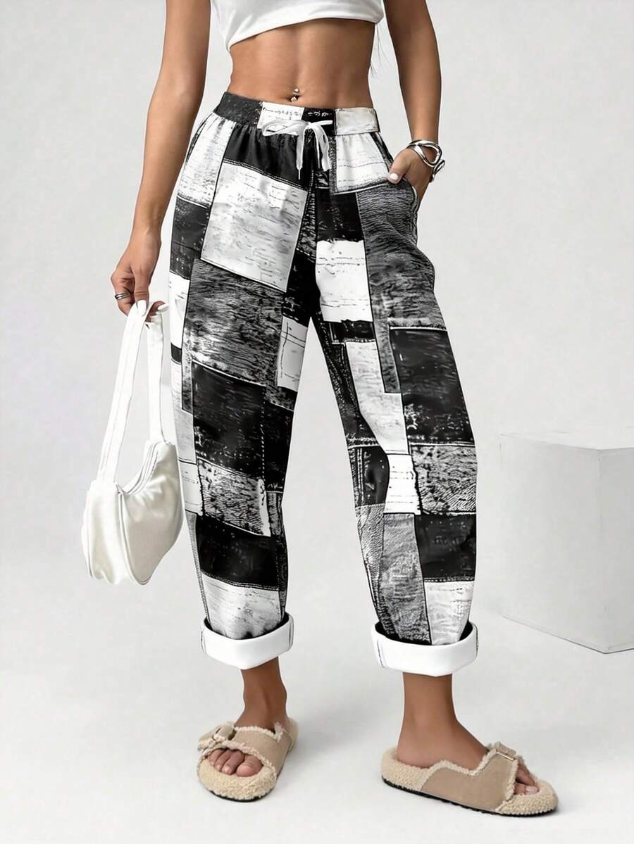 Pantalones harem con cordón y estampado para mujer de talla grande - Blanco y Negro - Ver 1