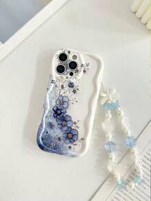 Cream Wavy Glossy Painted Anti-Drop Phone Case With Beaded Bracelet Accessory, Compatible With IPhone, Galaxy, Redmi - Multicolor - View 7