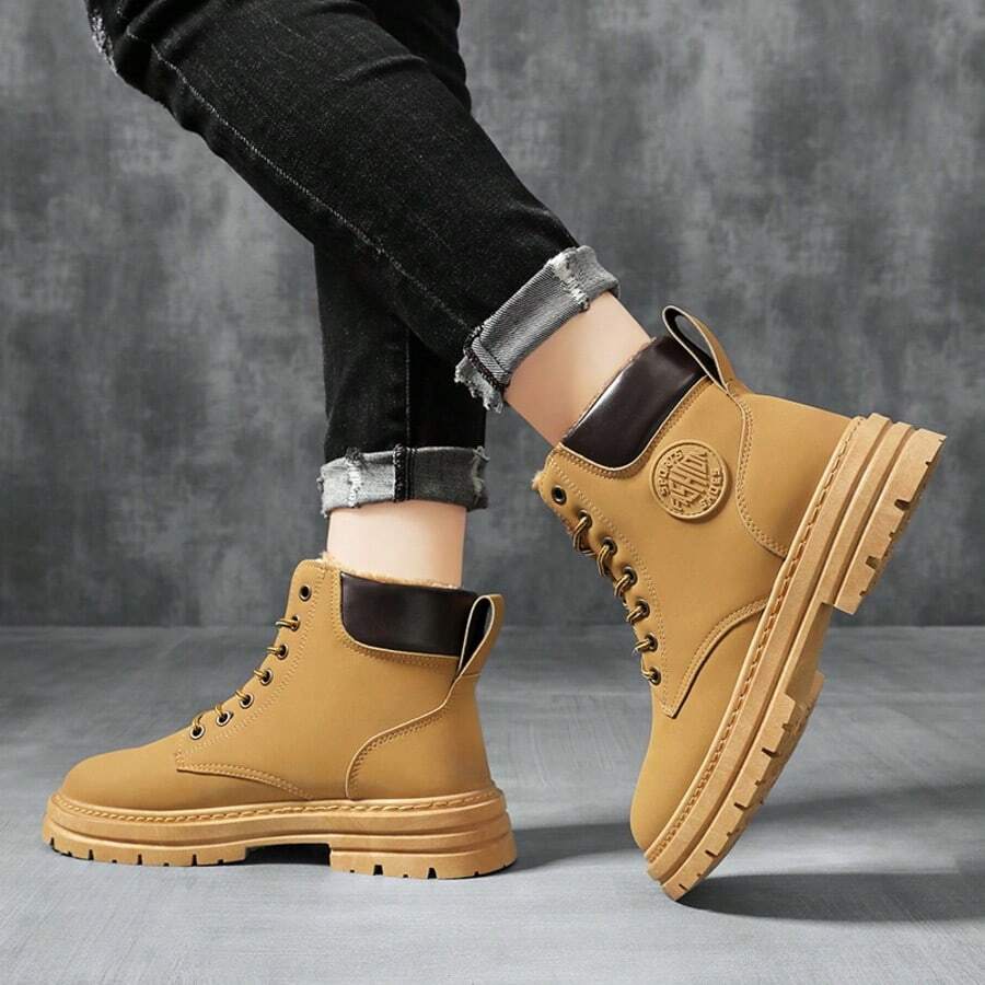 Winter High-Top British Style Work Boots - Khaki - View 1