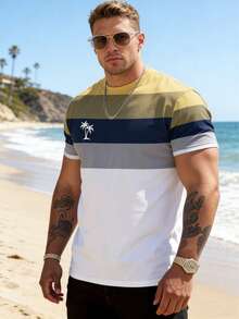Fashionable Gradient Striped Plus Size Men's Short Sleeve T-Shirt Minimalist Palm Tree Logo Print Plus Size Casual T-Shirt, Suitable For Daily Wear And Outdoor Exercise Colorblock Plus Size T-Shirt For Summer - Multicolor - View 2