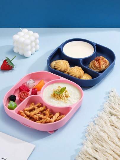 1pc Divided Suction Bowl, Creative 3-Compartment Silicone Dinner Plate