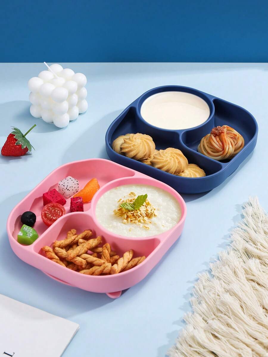 1pc Divided Suction Bowl, Creative 3-Compartment Silicone Dinner Plate - Multicolor - View 1