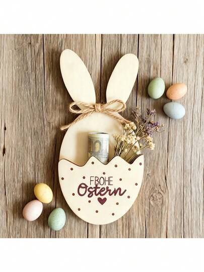 1pc Wooden Easter Decoration, Rabbit Shaped Wooden Piece With Pocket To Hold Gifts, "Frohe Ostern" Blessing, Suitable As Centerpiece For Easter Table, Decor For Office, Classroom, Party, Indoor Or Outdoor, Easter Rabbit Accessory, Easter Gift