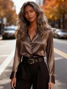 Women's Comfortable Casual Elegant Office Commute Minimalist Design Long Sleeve Blouse, Autumn - Brown - View 7