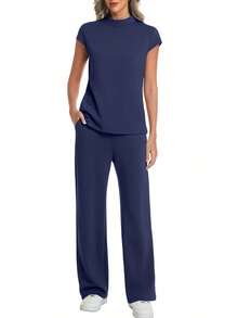 Two Piece Sets For Women 2026 Summer Travel Outfits Mock Neck Cap Sleeve Tops Lounge Set Wide Leg Pants Suitable For Long Travel Days, Airport Outfits, Busy Schedules, Light Exercise, And Relaxed Evenings Adapts Smoothly To Changing Plans - Màu xanh hải quân - Xem 2