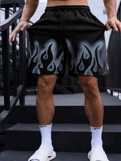 Quần short ống rộng có dây rút họa tiết ngọn lửa, quần thể thao nam phong cách hip hop thường ngày, quần short thể thao nam.