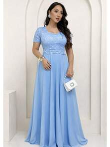 Discreet Evangelical Bridesmaid Dress JD Mother Of The Bride Congresses Short Sleeve Little Shine - 淺藍色 - 查看 1