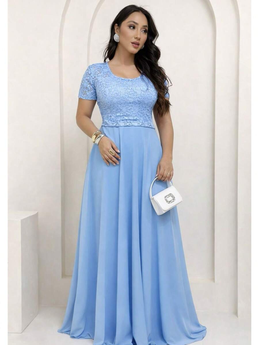 Discreet Evangelical Bridesmaid Dress JD Mother Of The Bride Congresses Short Sleeve Little Shine - 淺藍色 - 查看 1