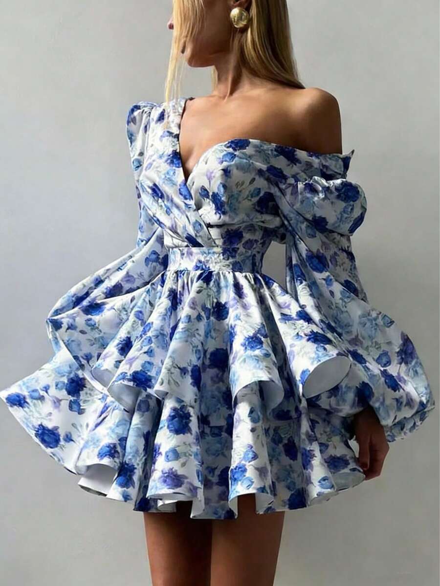 Solstice Apparel Blue Rose Print Backless Mini Dress, Layered Ruffle V-Neck Puff Sleeve Dress, Romantic Elegant Style, Suitable For Weddings, Garden Parties, Beach And Music Festivals, Spring/Summer - Blue - View 1
