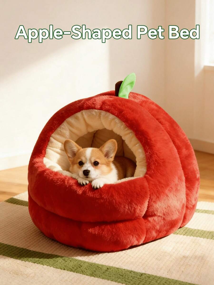 苹果形加厚柔软保暖宠物床，带垫子，宽敞的猫狗屋，红色