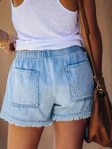 Plus Size Women Pocketed Frayed Hem Casual Loose Denim Shorts Summer - 淺色水洗藍 - 查看 6