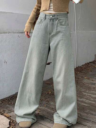 女士纯色低腰直筒宽松休闲牛仔裤，适合春秋季穿着
