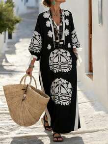 Women's Vintage Printed Dress, Bohemian Style, Button-Up Tie Waist Split Hem Long Dress, Suitable For Middle Eastern Style, Spring/Summer - Black - View 4