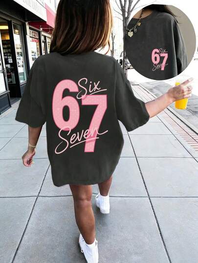 Tween Girl Star Element Six Seven 67 Cartoon Print T-Shirt, Suitable For Girls Outdoor Sports, Casual Wear, Street Style, Campus Style, Fashionable Girls Spring/Summer Versatile Top