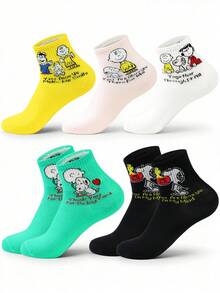 SNOOPY 1/5Pairs Socks, Men's And Women's Comfortable Soft Sports Socks, Four Seasons Socks, Men's And Women's Creative Cartoon Pattern Fashionable Versatile Soft And Comfortable Socks - Multicolor - View 3