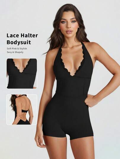 6pecil Women's Sexy Contrast Lace Sleeveless Backless Tight Jumpsuit