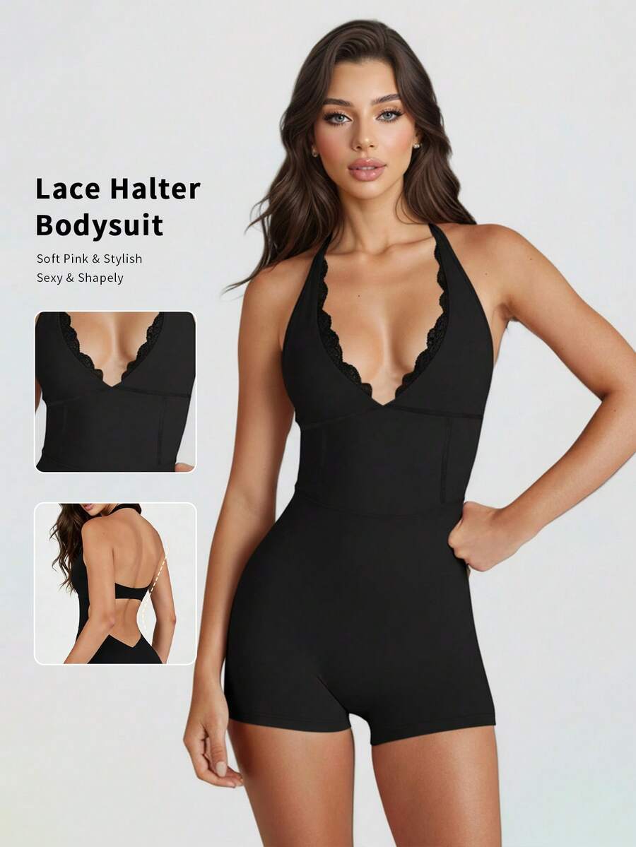 6pecil Women's Sexy Contrast Lace Sleeveless Backless Tight Jumpsuit - Black - View 1