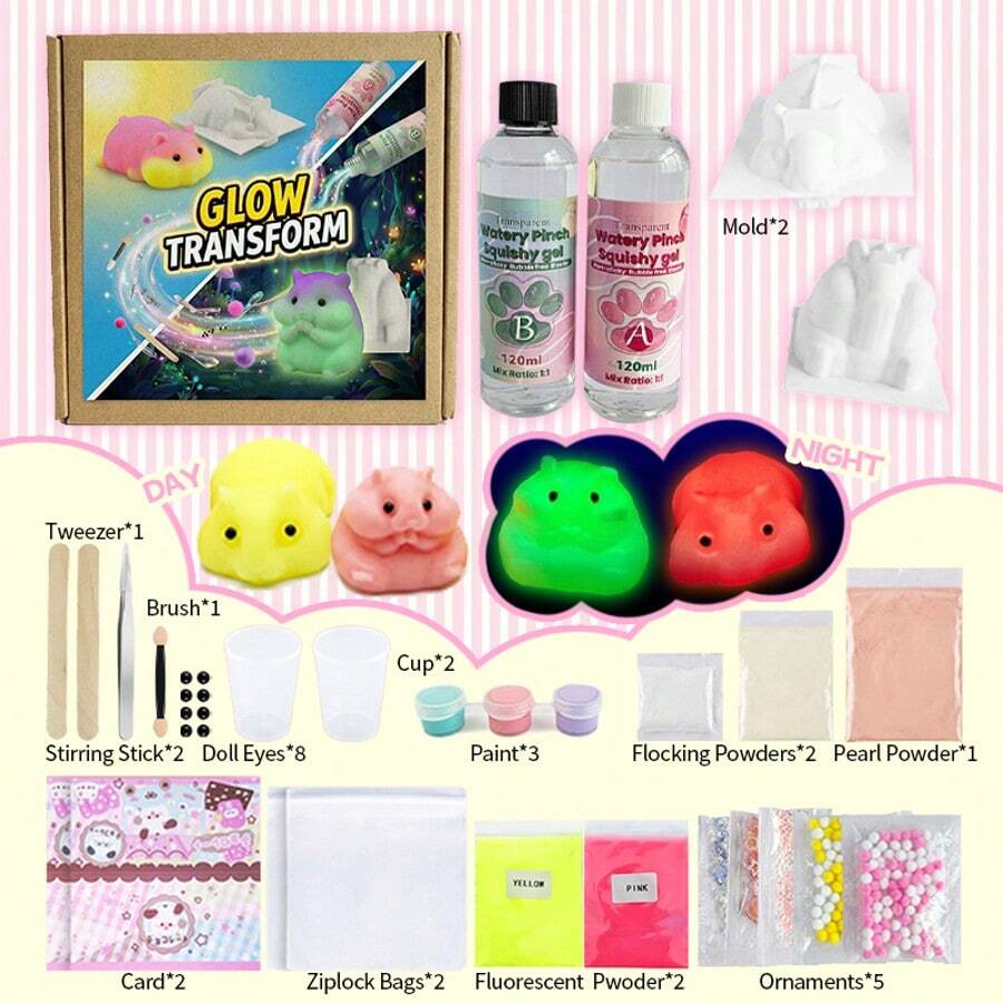 Glow In The Dark Transparently Squishy Gel Making Kit, DIY Jewelry Making Filling Materials, Soft Silicone Hamsters Making Kit, Include 2 Hamsters Silicone Mold, Flocking, Pigment, Tool, 1:1 AB Ratio Mix By Volume, Ideal DIY Gif(Doesn't Stick To The Surface) - A - View 1
