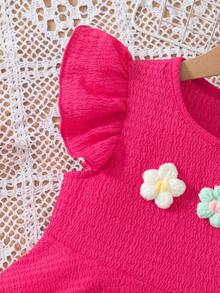 Ensemble 2 pièces/set pour jeune fille, top pull à manches courtes avec col rond, motif ondulé bicolore rouge & blanc, fleur 3D, et pantalon long évasé à taille élastique avec nœud 3D, style décontracté mode, pour le quotidien, les sorties du week-end, l'école, ensemble pantalon long d'été pour filles - Rouge et Blanc - Voir 5