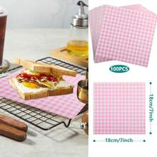 Waxed Paper Sheets 7 * 7 Inch, 100 Pcs Food Basket Liners For Sandwiches, Burgers, Checkered Wrap Wax Paper Sheets - 淡粉紅色 - 查看 2